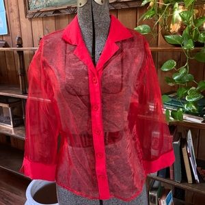 Vintage sheer red blouse shirt top button up small